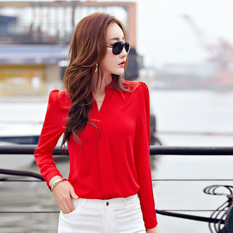 Long Sleeve Shirt Women Autumn Clothing Fashion Slim Chiffon Blouse V Neck Korean Elegant Ladies Office Shirts White Red DF2324 210323