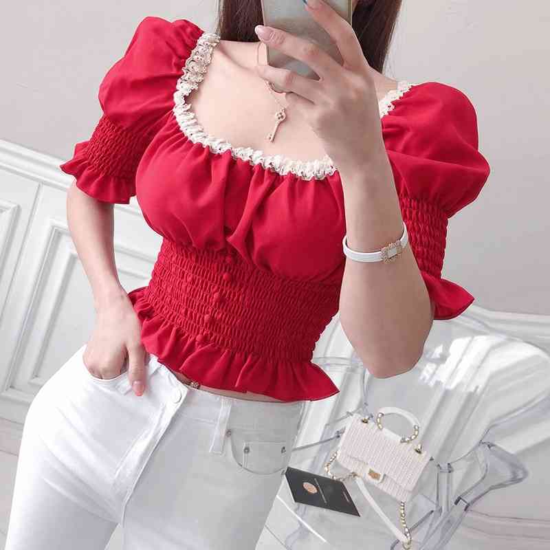 Summer Elegant Square Collar Short Puff Sleeve Blouse Female Fashion Hit Color Office Ladies Shirt 210506