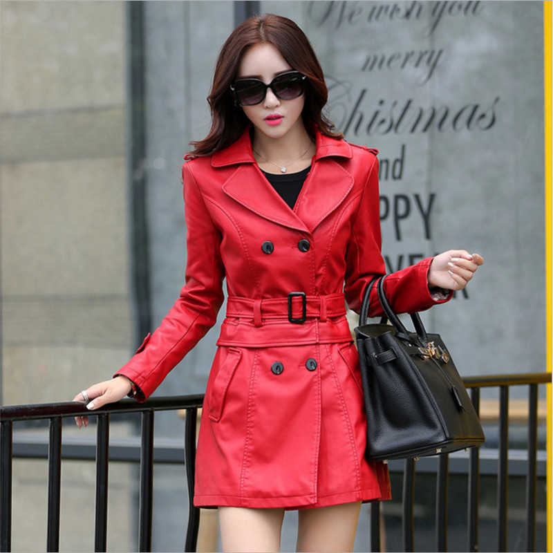 Autumn Women Long Leather Jacket Slim Oversize Bow Belt Motorcycle PU Coat Female Trench 210923