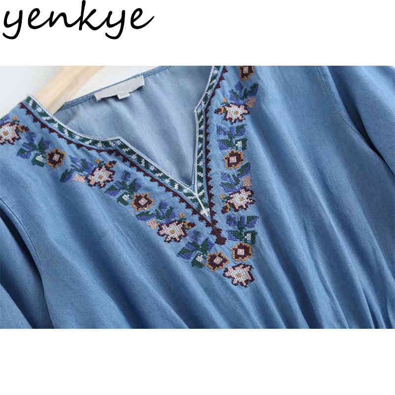 YENKYE Vintage Blue Denim Dress Women V Neck Long Sleeve Floral Embroidery Casual Summer Dress Plus Size Midi Vestido 210515