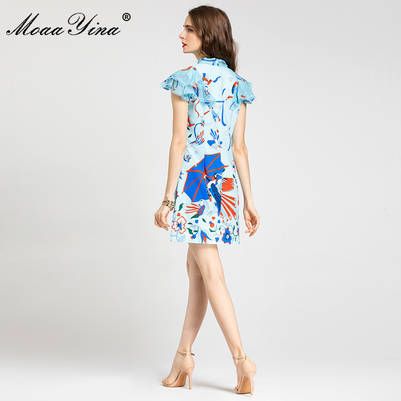 Summer Elegant Blue Floral Short Dress Women's Butterfly Sleeve Ruffle Animal print Party Vintage Mini Dresses 210524
