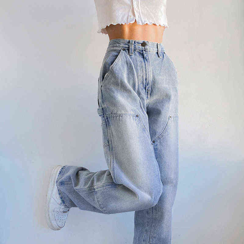 Weekeep Streetwear High Waist Jeans Women Baggy Cargo Pants Patchwork Denim Straight Trousers Autumn Casual Korean Harajuku 211112
