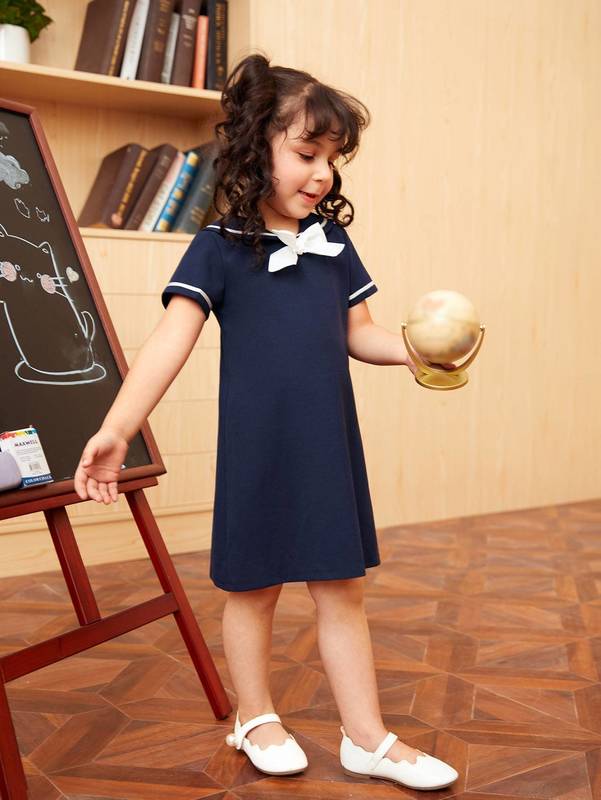 Toddler Girls Sailor Collar Knot Front Tunic Dress SHE
