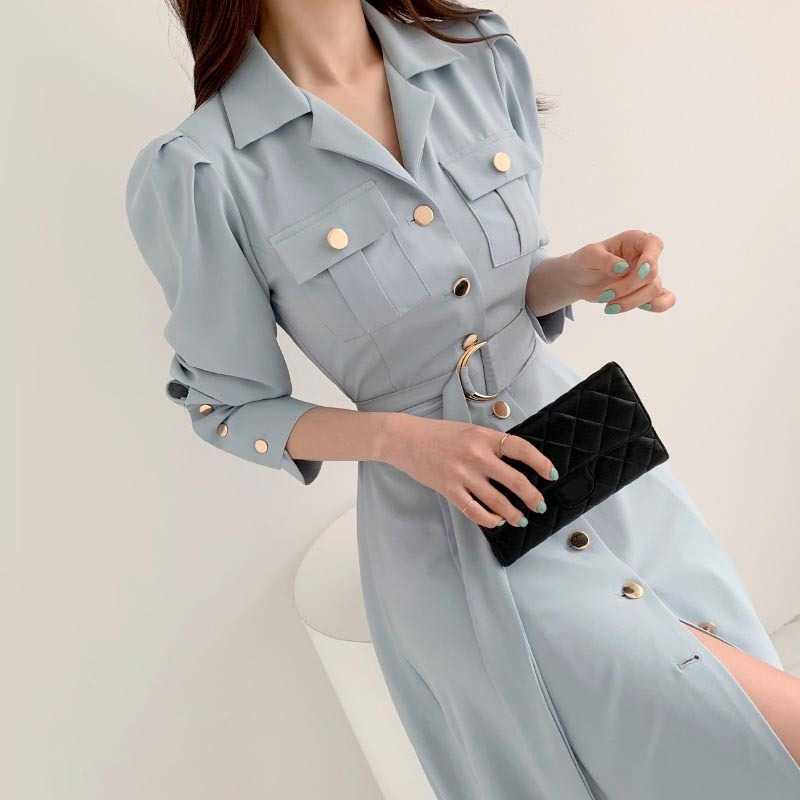 Korejpaa Woman Dress Korean Chic Spring Fashion Elegant Single-row Buckle Strap Waist Slim Long Sleeve Dresses Female 210526