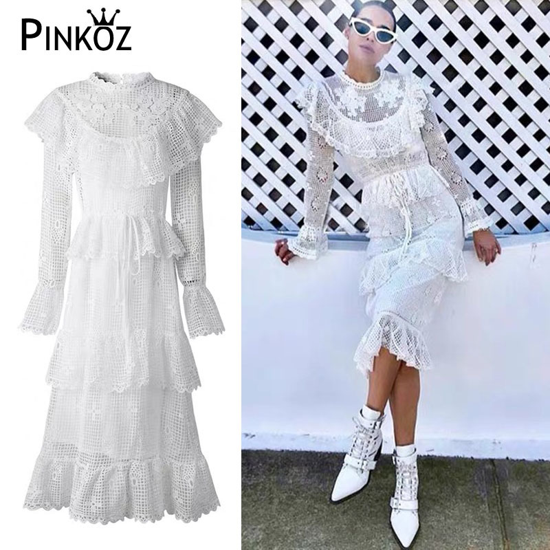 runway deigner white lace high quality hollow out party night dress up slim ruffles flower embroidery flare sleeve 210421