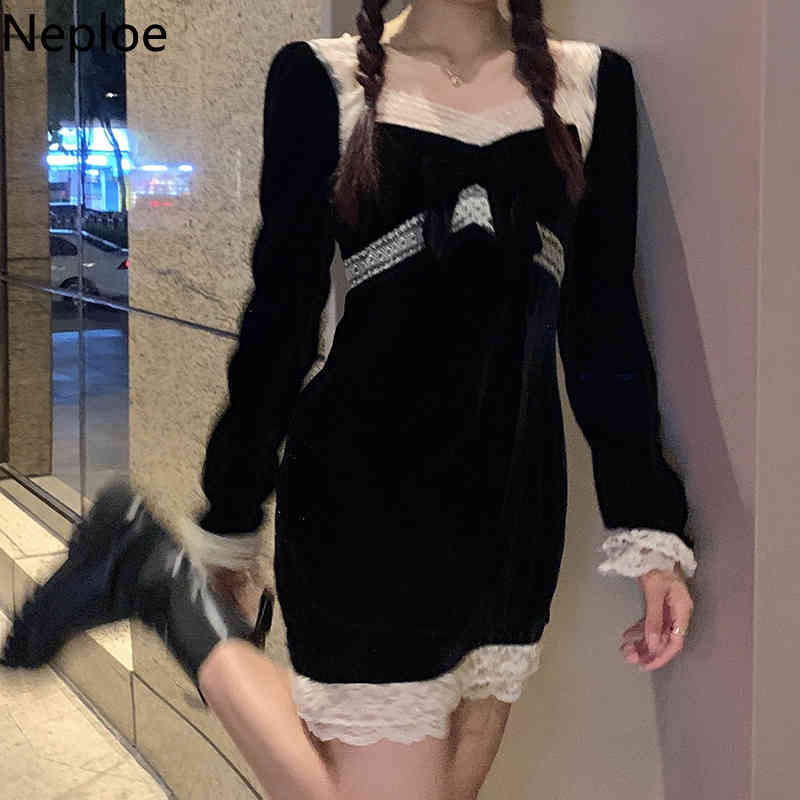 Neploe Korean Vintage Velvet Dress Autumn Winter Temperament Vestidos Lace Patchwork Square Collar Black Mini Dresses Women 210422