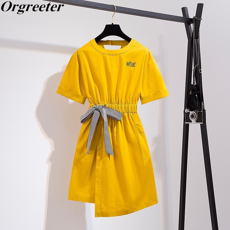 Summer Dress for Women Simple Solid Yellow O-neck Short Sleeve Sashes Bow Straight Irregular Casual Tshirt 210525
Summer Dress for Women Simple Solid Yellow O-neck Short Sleeve Sashes Bow Straight Irregular Casual Tshirt 210525