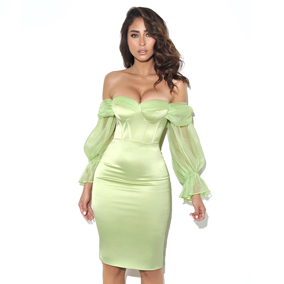 Summer Women Fashion Off Shoulder Mini Dress Sexy Long Lantern Sleeve Light Green Celebrity Runway Club 210525