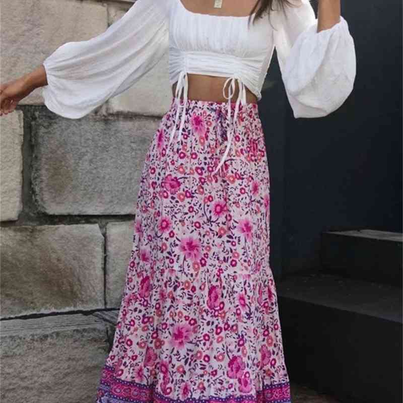 Bohemia Pink Floral print Cotton Maxi Long Skirt BOHO Hippie Women Elastic High Waist Spliced Ruched pleated Skirts Holiday 210429