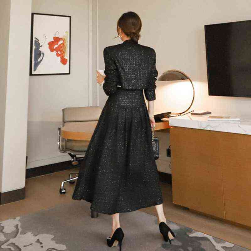 Autumn Winter Women's Two Piece Set Tweed Short Jacket + A-Line Long Skirt Suit Female Lady Fashion 2 Suits 211106