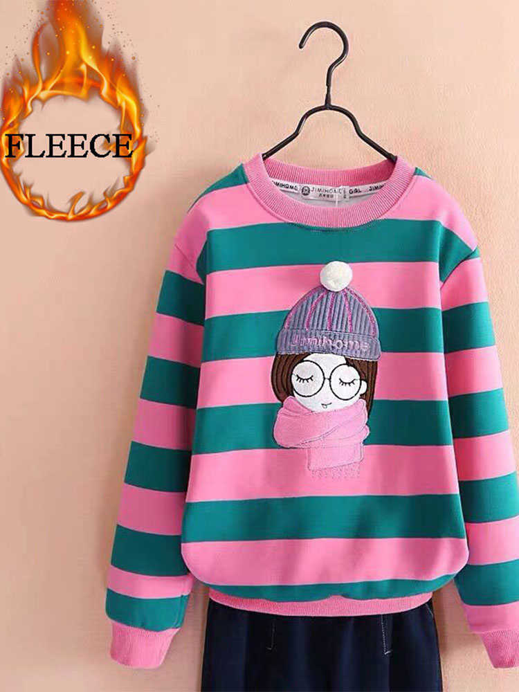 Sweatshirt for Girls Winter Fleece School Children's Sweater Stripe Girls Clothes 10 12 Years Thicken Autumn Kids Pullover Tops 211023