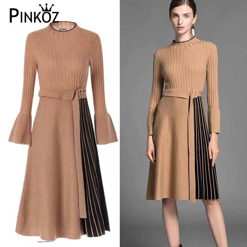 elegant lady midi dress patchwork striped blue flare long sleeve office robe dresses autumn winter plus size 210421