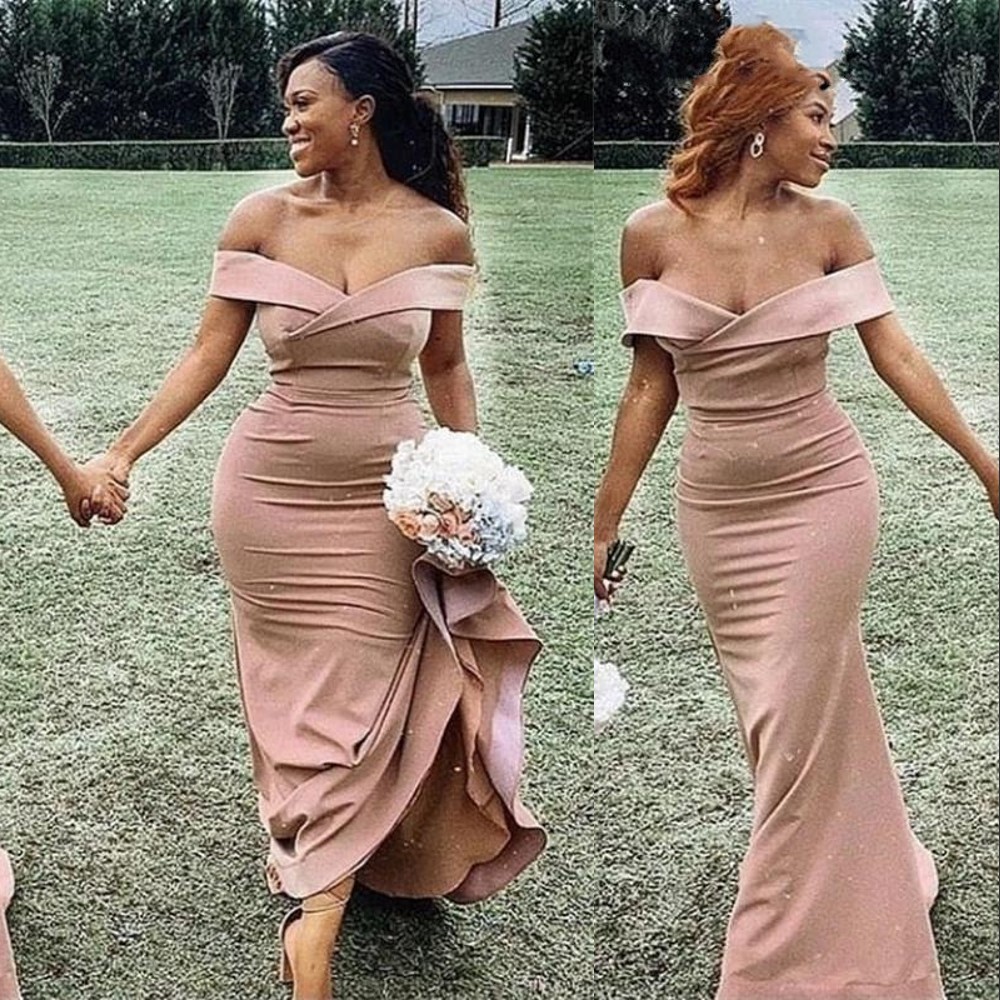 2021 Sexy Blush Pink Mermaid Bridesmaid Dresses Off Shoulder Short Sleeves Beach Ruched Floor Length Maid of Honor Wedding Guest Gowns Sweep Train Plu
