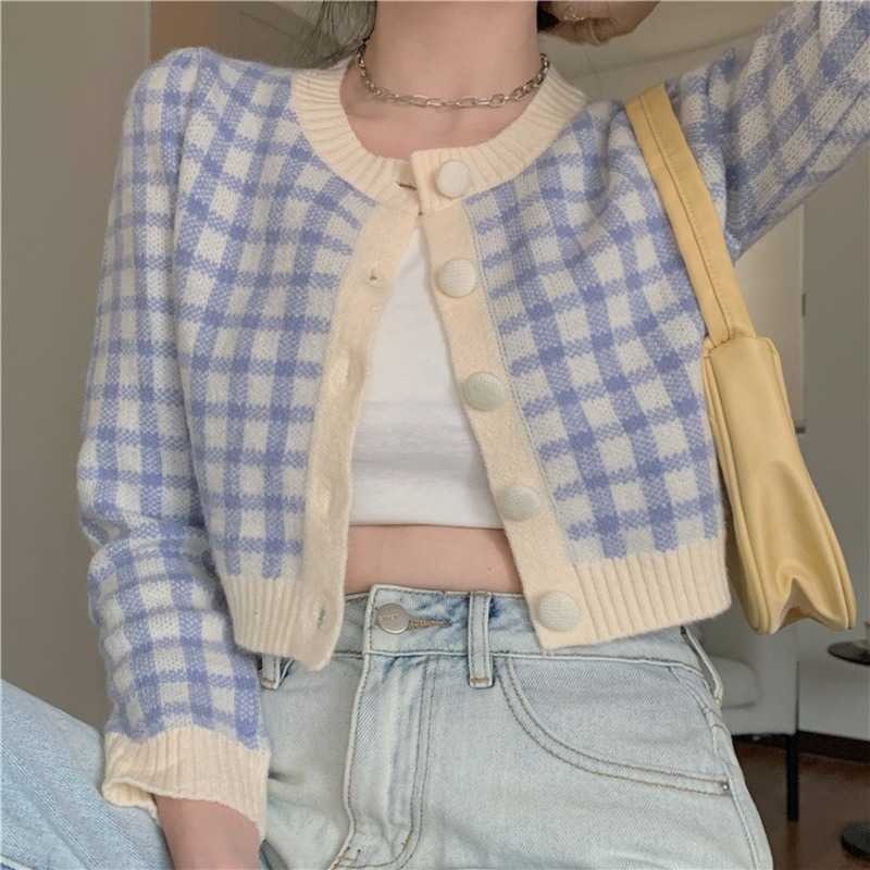 OCEANLOVE Plaid Sweater Short Slim Korean Ins Fashion Autumn Winter Cardigans Sweet Chaqueta Mujer 18825 211011Z