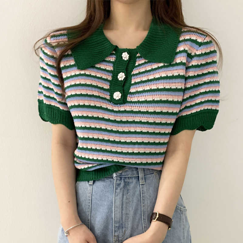 Korejpaa Women T-Shirt Summer Korean Chic Western Style Lapel Three Buttons All-Match Puff Sleeve Color Striped Pullovers 210526