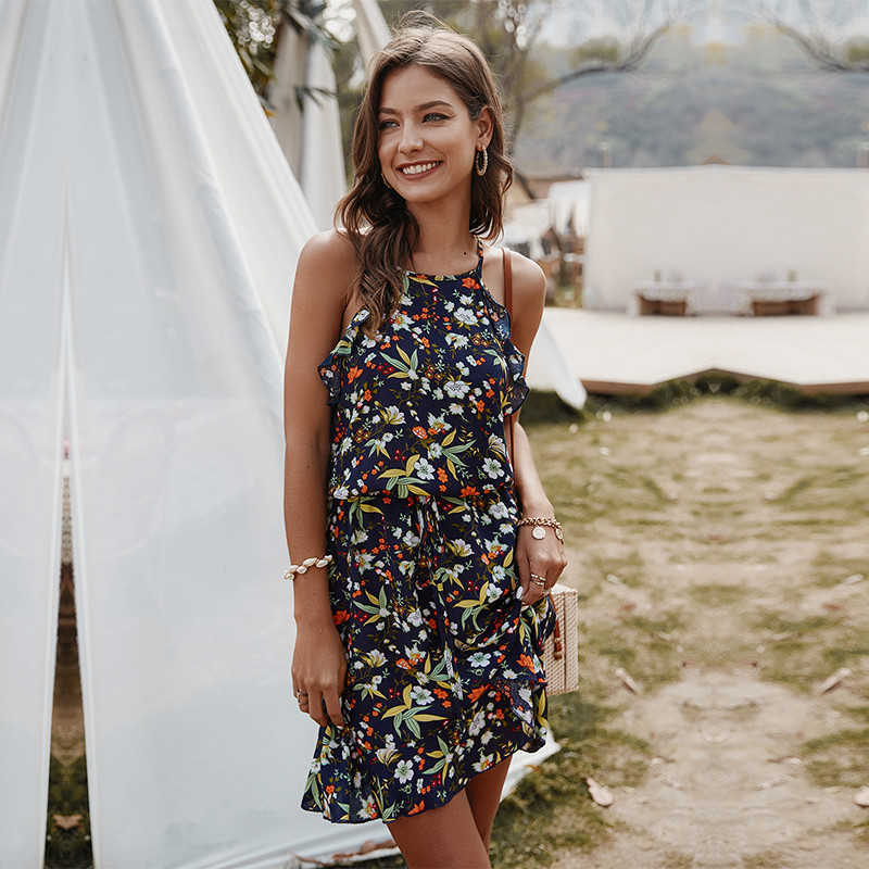 Summer Ladies Slim Halter Print Dress Women Casual Sleeveless Ruffles Above Knee Mini Floral Dress 210630