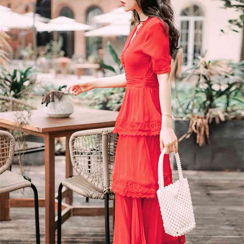 Summer Self Portrait Runway Pleated Dress Women Chiffon Patchwork Lace Cascading Ruffles Long Slim Red Cake es 210520