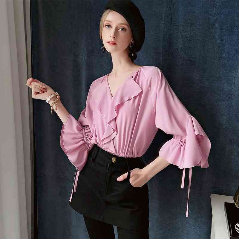 Dabuwawa Vintage Pink Ruffle Sleeve V Neck Blouse Top Modern Lady Women Elegant Wrap Hem Blouses Shirts Female DO1AST049 210520