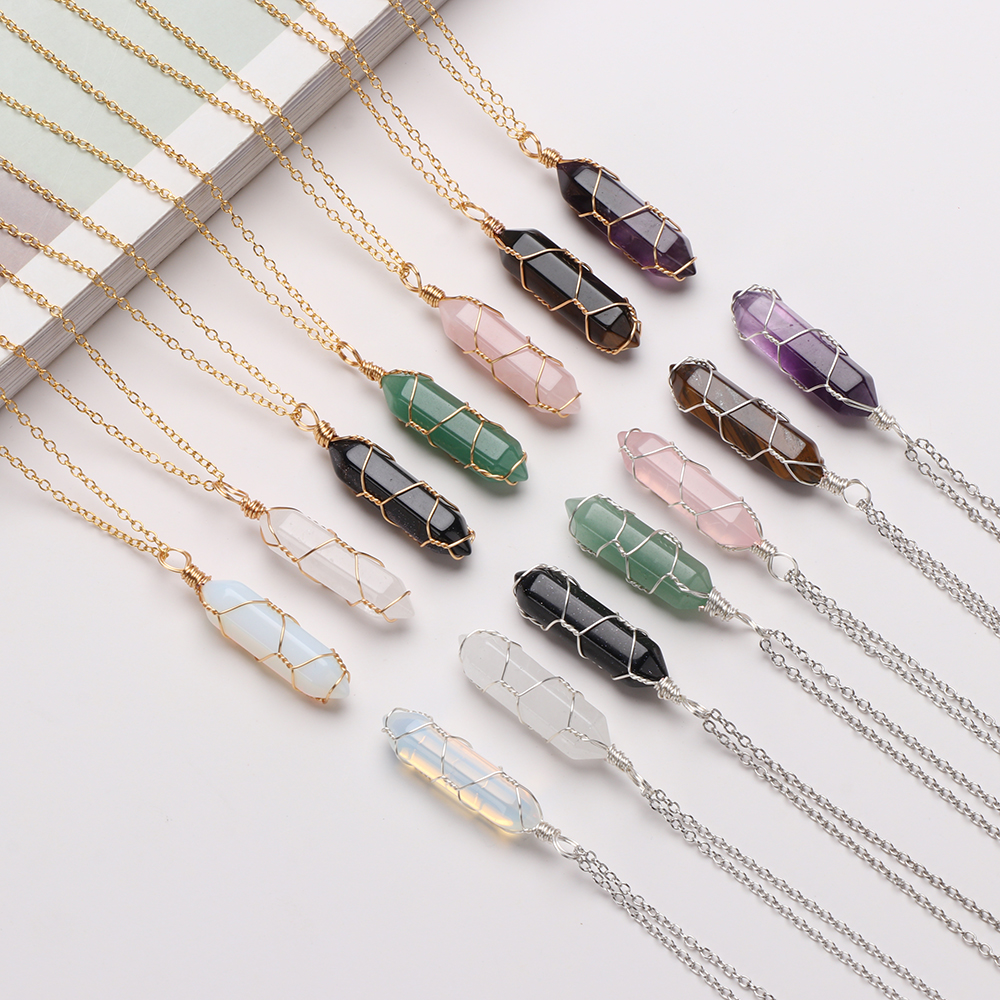 Hexagonal Cylindrical Crystal Necklace Natural Stone Pendant Wire Wrap Necklace for Women Men Fashion Jewelry