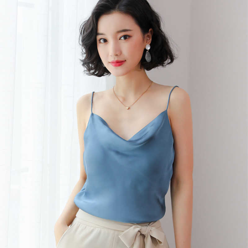 Korean Fashion Silk Women Tops Tees Woman Satin Tank V Neck Solid s Camis White Crop Elegant OL 210531