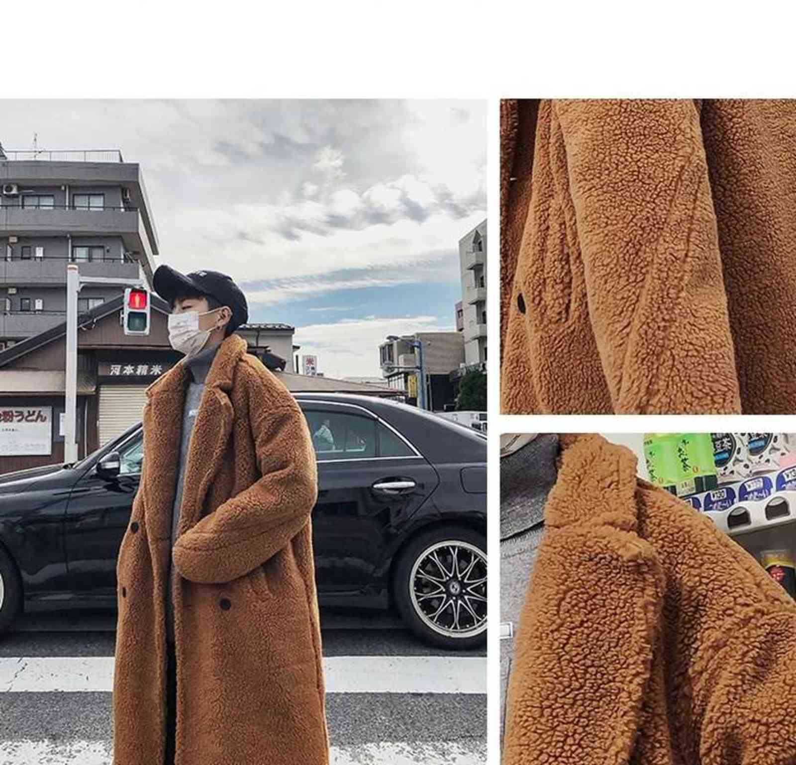 Men Winter Thicken Warm Teddy Bear Coat Long Sleeve Fleece Faux Fur Trench Oversize Outwear Casual Loose Long Plush Overcoat 4XL 211122