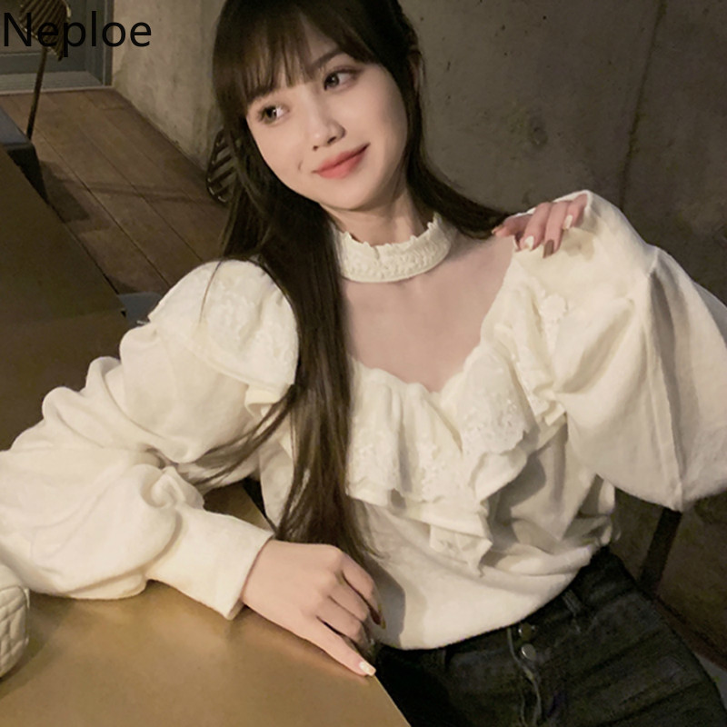 Neploe Sweet Ruffles Sweaters Women Sexy V-neck Lantern Sleeve Knitted Pullovers Korean Fashion Jumper Tops Sueter Mujer 4G521 210422