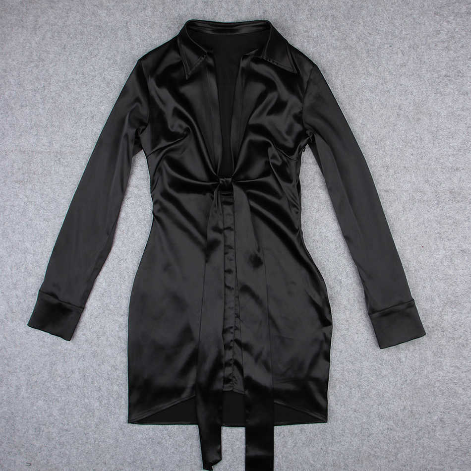 Women's Folding Mini Fashion Celebrity Satin Black Long Sleeve V-neck Birthday Club Wear Ladies Sexy Party Dress 210527