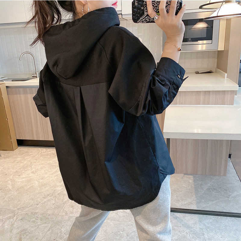 Causal Patchwork Hooded Blouse Women Spring Loose Shirt Long Sleeve Korean Blusas Mujer De Moda 6G323 210603