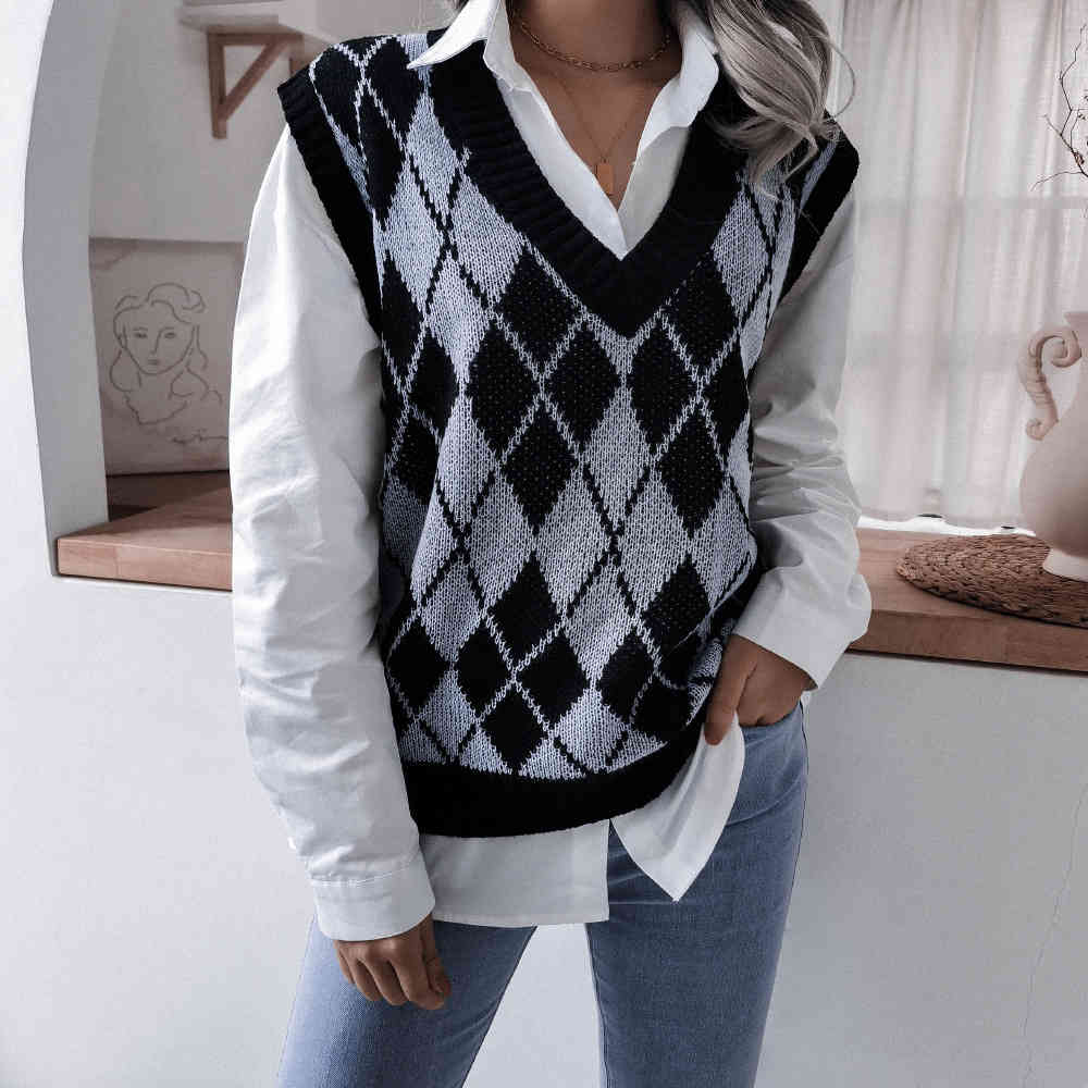 Fashion diamond-shaped V-neck casual loose knit vest sweater female sleeveless knitted sweaters for women High Street 210508