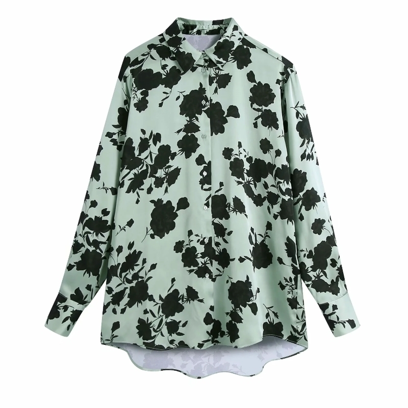 Women Flower Printing Loose Satin Blouse Female Turndown Collar Long Sleeve Shirt Casual Lady Tops Blusas S8316 210317