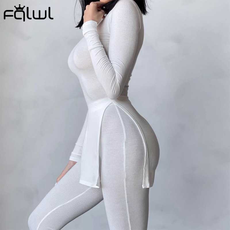 FQLWL Summer Streetwear Bodycon 2 Two Piece Sets Women Outfits Long Sleeve Side Slit O Neck Longer Top White Pants Matching Sets Y0625