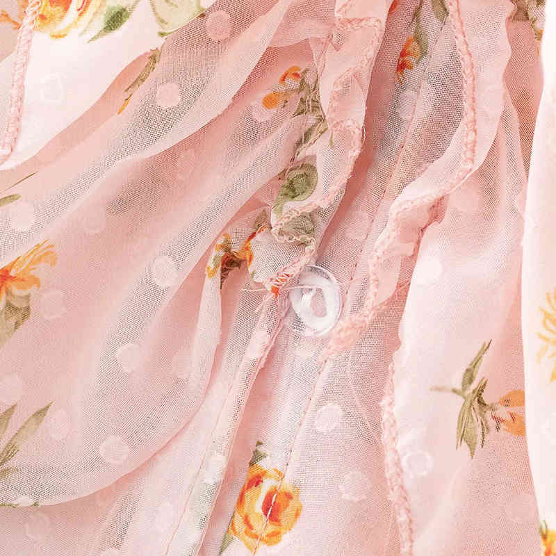 Women Ruffled Floral Transparent Chiffon Blouse Thin Long Sleeve V-neck Chic Shirts Female Summer Top High Street Femme Vestiods 210521