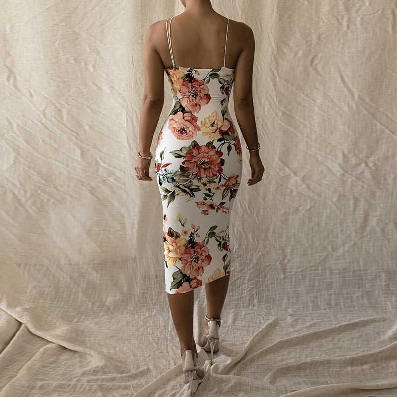 Colysmo Summer Bodycon Midi Dress Women Spaghetti Straps Low Out Sexy es Floral Print Party Club Wear Long White 210527