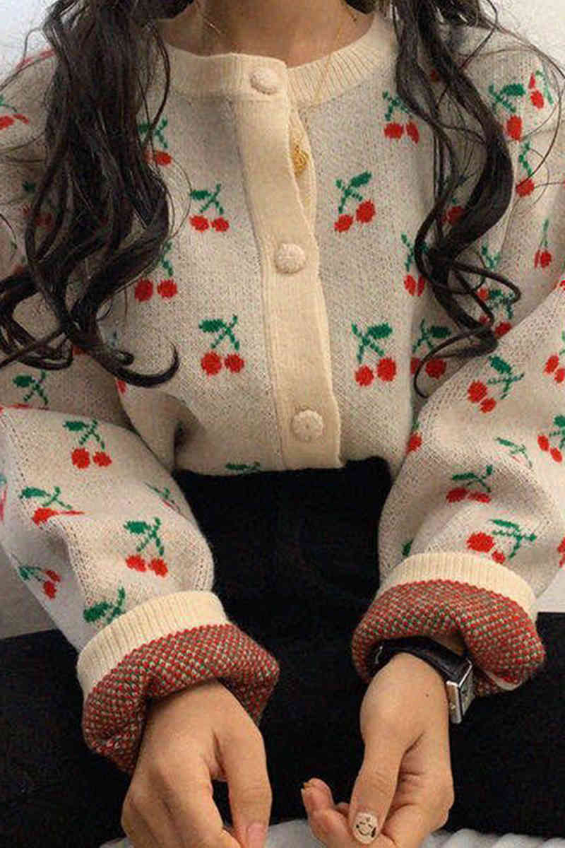 Women Fall Sweater Cardigans Chic Streetwear Cute Cherry Knit Jackets Korean Coat Autumn Winter Outwear Tops 210422