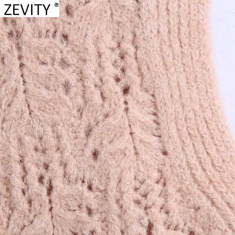 Zevity Women Fashion V Neck Hollow Out Crochet Knitting Sweater Ladies Sleeveless Diamond Button Vest Cardigans Chic Tops SW842 210603