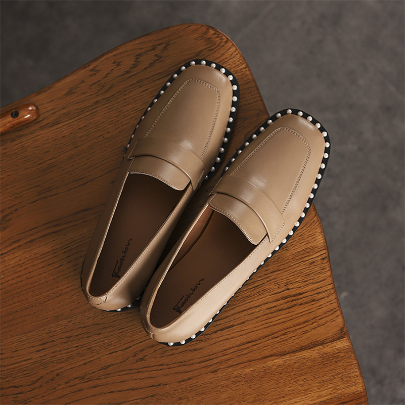 Natural Genuine Leather Low Heels Women Shoes Pearl Thick Heel Sheepskin Square Toe Pumps Female Footwear 210517