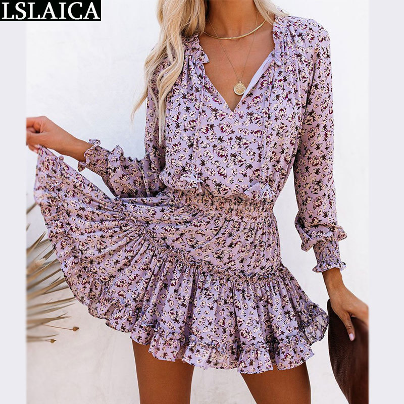 Mini Dress Long Sleeve V Neck Lace Up Print Elastic Waist Ruffles Boho Holiday Beach Fashion Casual for Women 210520, Purple 
Mini Dress Long Sleeve V Neck Lace Up Print Elastic Waist Ruffles Boho Holiday Beach Fashion Casual for Women 210520, Purple