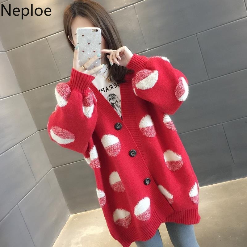V Neck Print Cardigans Single Breasted Lantern Sleeve Women Sweater Autumn Winter Clothes Oversized Outwear 210422