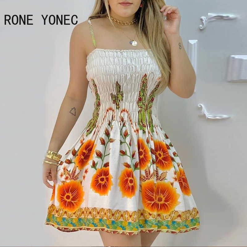 Women Elegant Dress Floral Print Spaghetti Strap Shirred Dress Casual Summer Mini Dress 210630