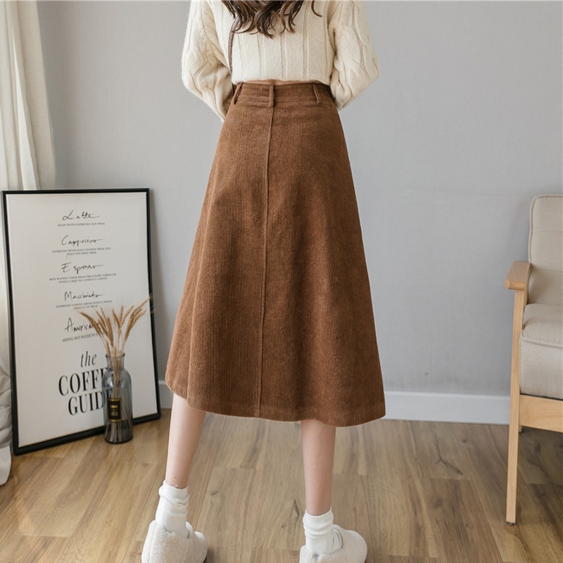 Autumn Corduroy A-Line Skirts Women Korean Style High Waist Pockets Ladies Single-Breasted Mujer Faldas 210520