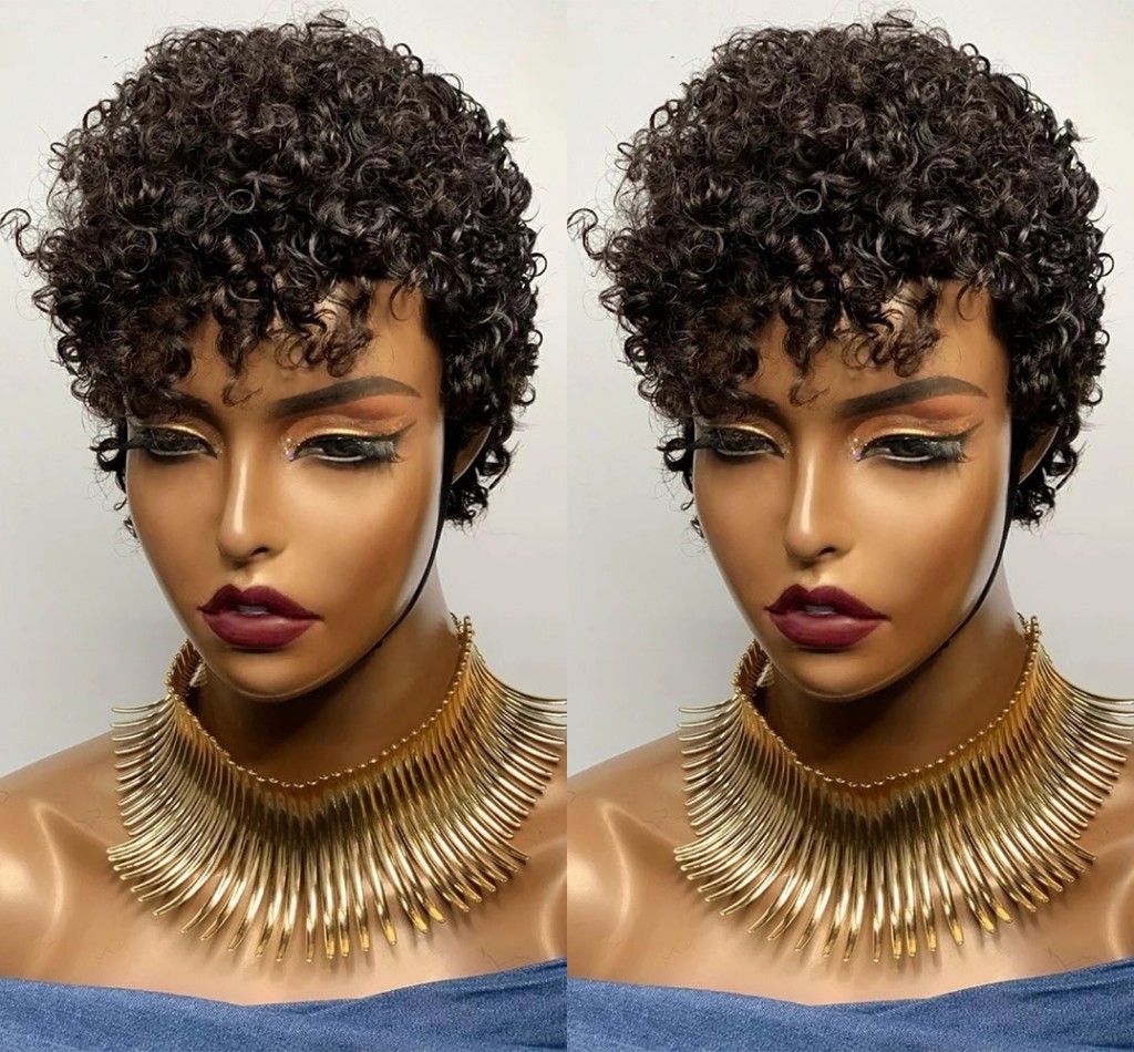 Short Pixie Cut None Lace Front Human Hair Wigs With Bangs Kinky Curly Wig Preplucked Brazilian Remy For Women