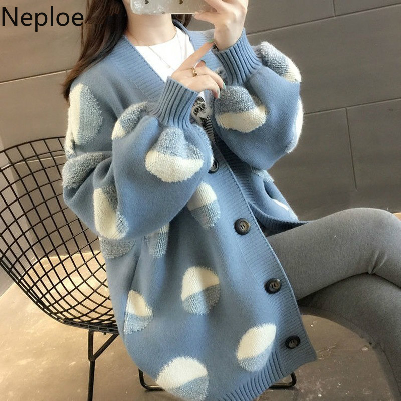 V Neck Print Cardigans Single Breasted Lantern Sleeve Women Sweater Autumn Winter Clothes Oversized Outwear 210422