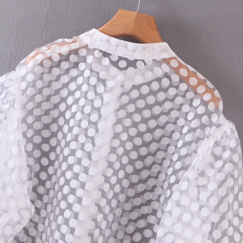 Stylish Sexy Transparent Dot Printed Blouses Women Fashion V Neck Shirts Elegant Ladies Buttons Puff Sleeve Tops 210520