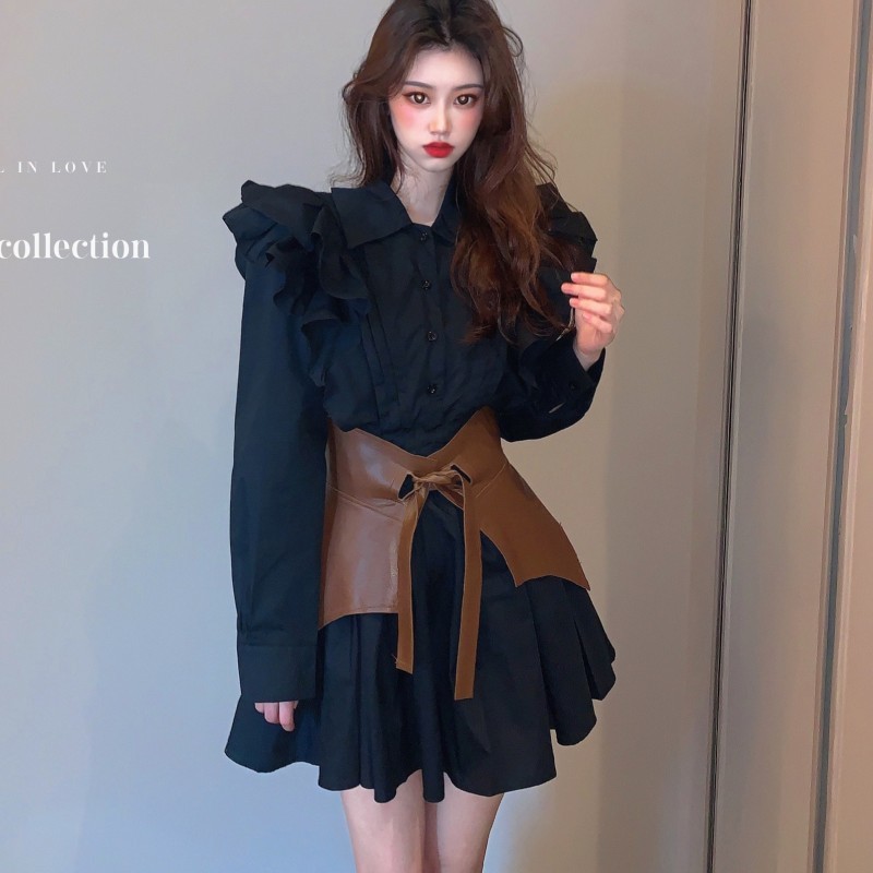 Fashion Korean Elagant Women Ruffles Long Sleeve Lady Shirt Party Dress Female Vestidos With Belt 210519