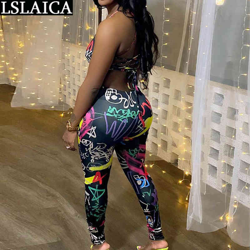 Sale Women Jumpsuit Sleeveless Graffiti Print High Waist Summer Plus Size Back Lace Up Jump Suits for 210515