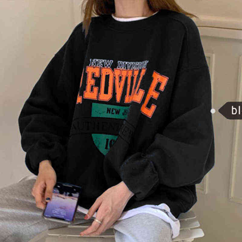 Women Letter Embroidery Crewneck Sweatshirt Girls Autumn Winter Oversized Streetwear Korean Style Casual Student Pullover 211108