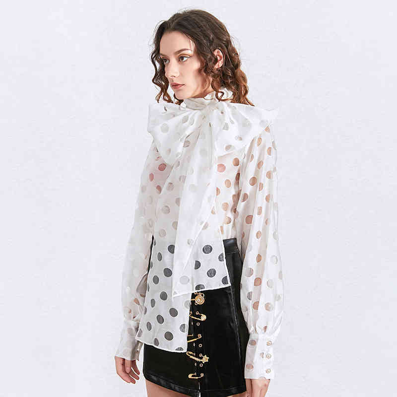 Patchwork Perspective Dot Shirt For Women Bow Collar Long Sleeve Casual Elegant Blouse Female Fashion Stylish 210524