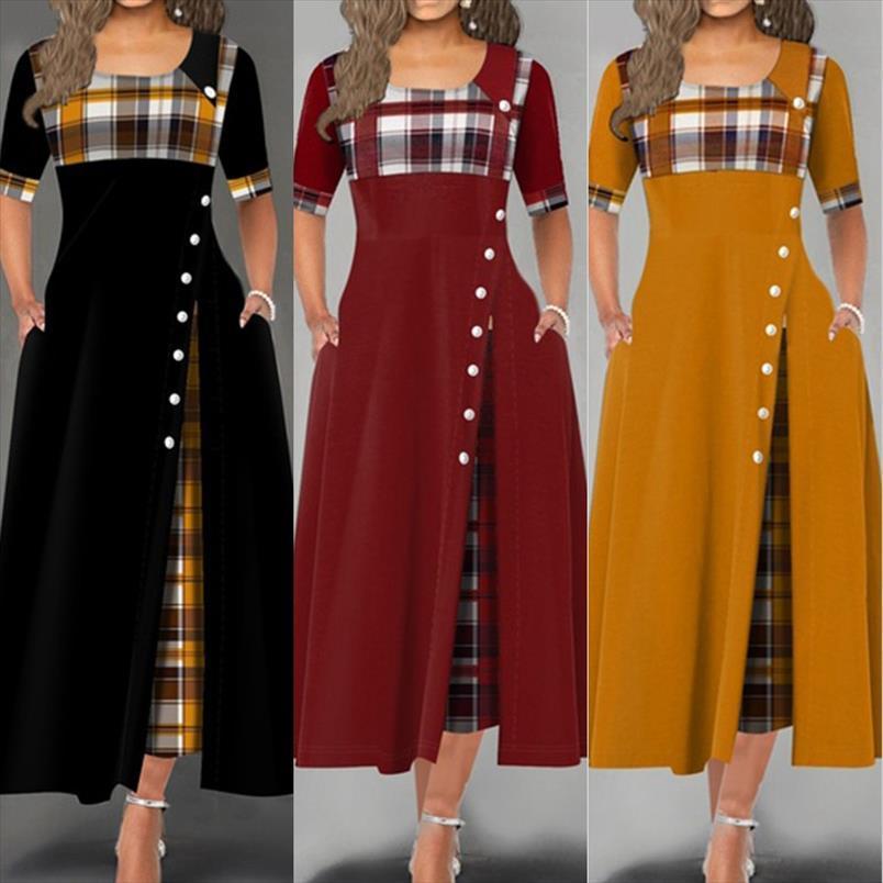 Elegant Summer Autumn Maxi Women Dresses O Neck Short Sleeve Plaid Splicing Button Casual Party Long Lady Robe, Black;gray
Elegant Summer Autumn Maxi Women Dresses O Neck Short Sleeve Plaid Splicing Button Casual Party Long Lady Robe, Black;gray