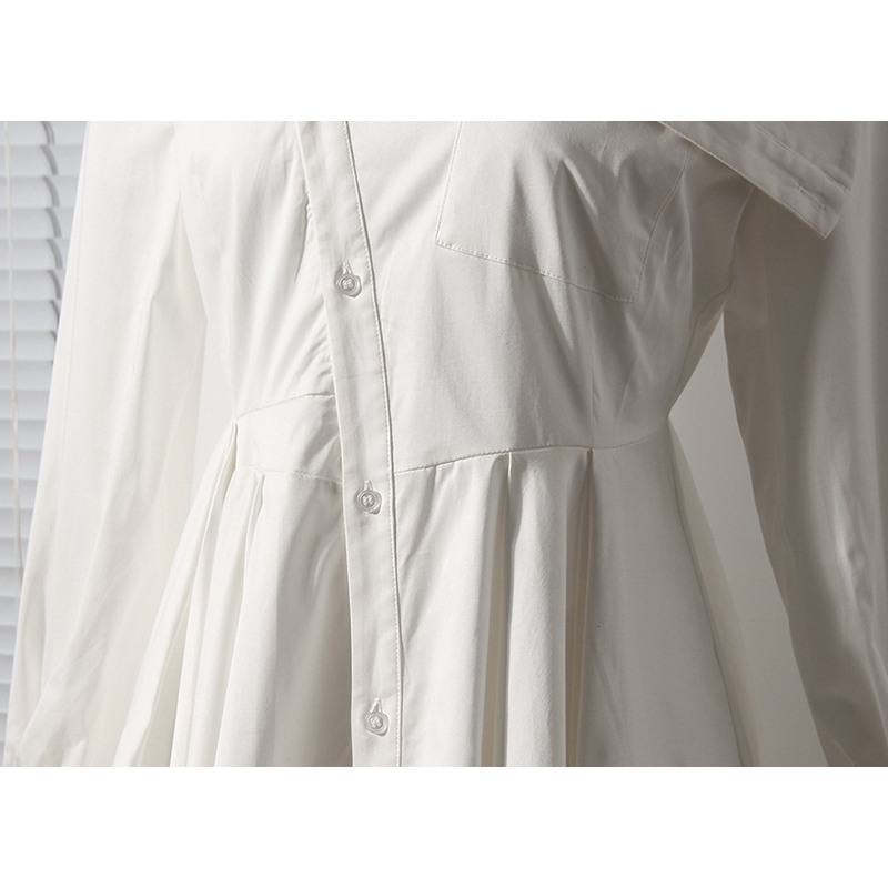 [EAM] Women Single Breasted Pockets White Dress Asymmetrical Long Sleeve Loose Fit Fashion Spring Autumn 1DD6953 210512