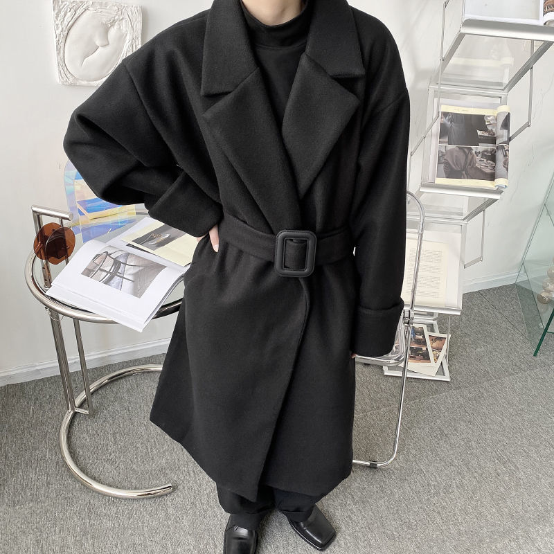 IEFB Men's Button Decorative Belt Bandage Waist Woolen Coat Oversize Mid Length Clothes Thick Male's Coats Long Sleeve Y4926 210524